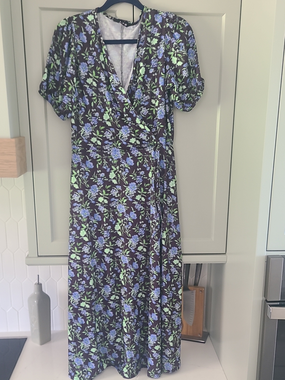 Long Tall Sally Floral Wrap Maxi Dress in Black, Blue and Light Green